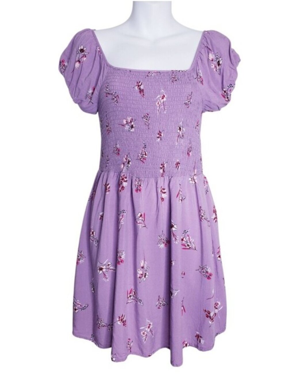 Aeropostale Purple Floral Smocked Babydoll Mini Dress Women's Size Medium